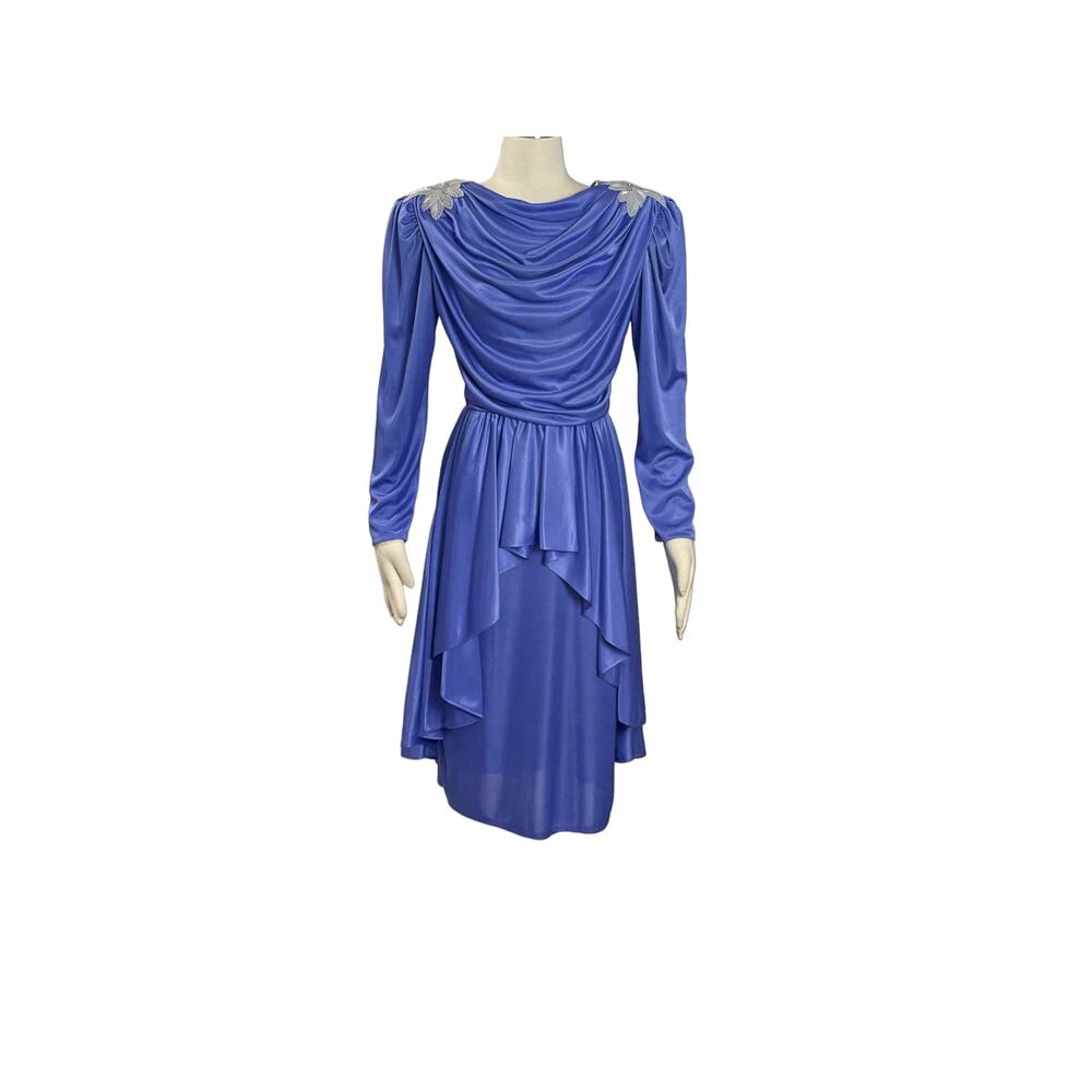 1980s Filigree Icy Blue Draped Bodice Appliquéd Polyester Disco Glam Dress